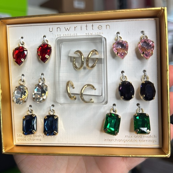 14k Gold Plated Unwritten Red and Pink Crystal Earrings Set - Picture 3 of 5